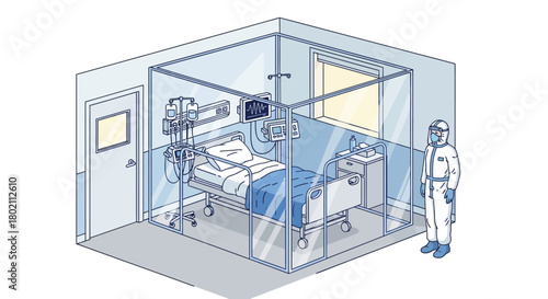 Person in protective suit stands outside glassenclosed hospital isolation room with bed and medical equipment, highlighting advanced healthcare and containment measures