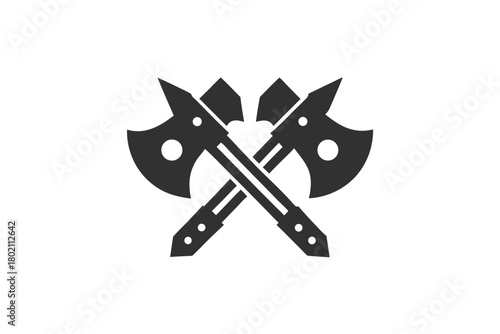 Two crossed battle axes are positioned prominently against a simple white background