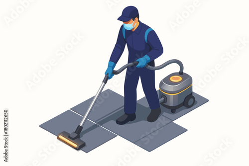 Professional cleaner vacuuming floors in protective gear for hygiene, sanitation, and spotless cleaning services