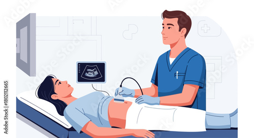 Doctor performing ultrasound on patient lying on medical bed, with the ultrasound image displayed on screen, illustrating medical examination and diagnostic procedure