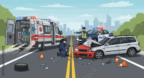Car accident scene with police cars, ambulance, and injured people being attended to by paramedics and officers on city road, depicting emergency response and traffic incident management
