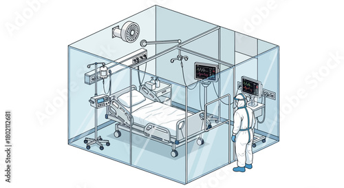 Person in hazmat suit stands near sterile hospital isolation room featuring bed and advanced medical equipment, illustrating critical care and infectious disease management