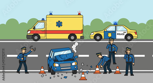 Car accident scene with police and ambulance responding to the emergency, showing damaged vehicle and officers directing traffic