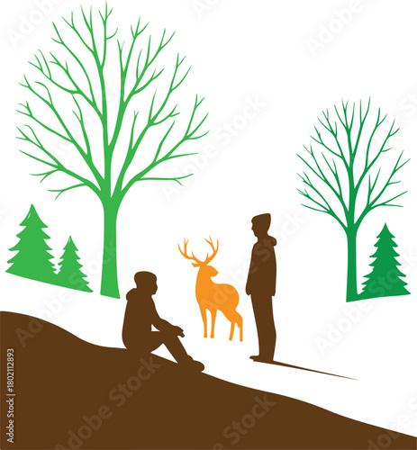 Two people observe a deer in a snowy winter forest landscape