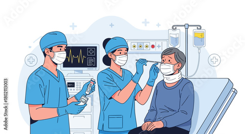 Medical professionals in blue scrubs and masks examine an elderly patient in hospital room, with medical equipment and monitor in the