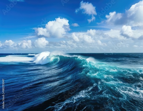 The ocean with big waves and a blue sky filled with fluffy clouds. Generated with AI