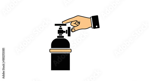 Closeup hand turning valve on black gas cylinder, symbolizing control, operation, or the release substance in technical or medical context