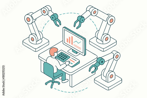 Modern factory automation with robotics around worker, a vision of future technology and smart industry solutions