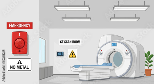 Interior ct scan room in hospital, featuring modern ct scanner, examination table, and safety signage, highlighting advanced diagnostic imaging technology