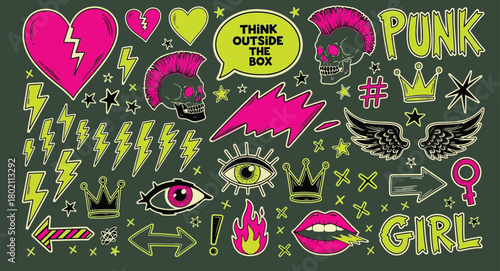 Vibrant punk rock graffiti style illustrations with hearts skulls and inspirational text