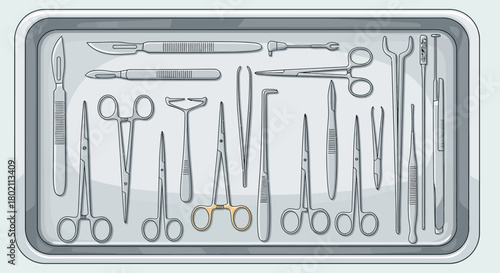 Sterile metal tray filled with variety surgical instruments, including scalpels, forceps, scissors, and retractors, meticulously arranged for medical procedure
