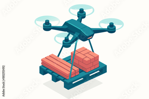 Modern drone delivering construction materials on pallet, innovative aerial delivery solution for building supplies today