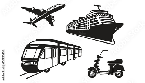 A collection of black and white transportation vehicles illustrations