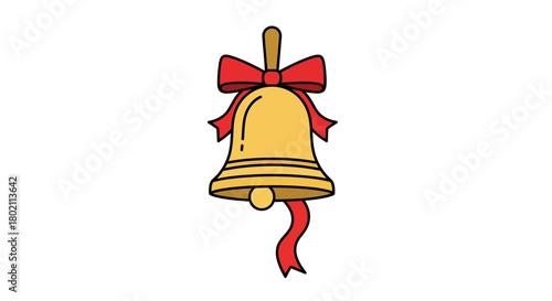 A golden bell with a red ribbon and bow, symbolizing celebration, announcement, and festivity