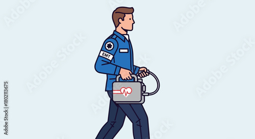 An emergency medical technician emt in uniform carrying portable defibrillator, ready to provide lifesaving assistance in critical situation
