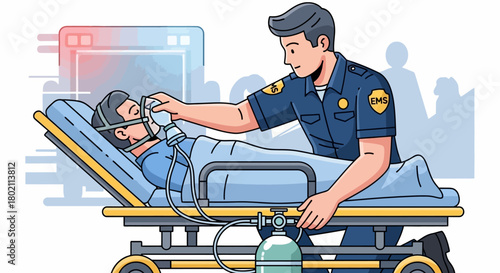 Paramedic attending to patient on stretcher with an oxygen mask and medical equipment in cartoon style
