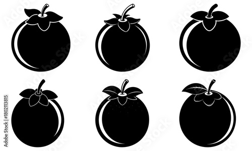 Illustration of six mangosteens in black and white with varying stem and leaf details in a simple design