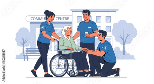 Community health workers assisting an elderly woman in wheelchair outside community center, showing care and support
