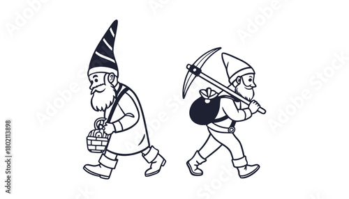 Two gnomes walking one with basket and one with pickaxe line drawing