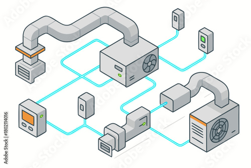 Modern isometric HVAC system design showing air conditioning units and ductwork for building climate control