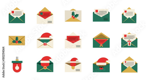 A festive collection of flat design Christmas icons showing holiday mail, decorated envelopes, and seasonal greeting letters for winter celebrations