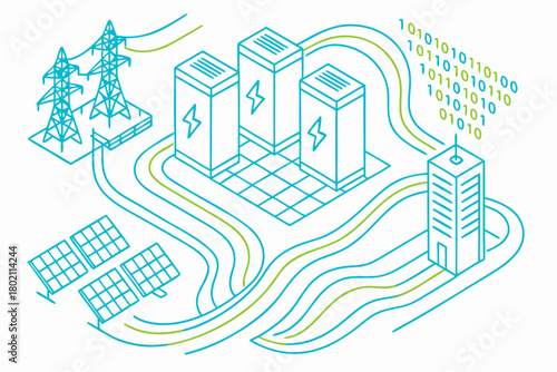 Modern energy grid illustration showcasing renewable sources connecting to power building with binary data flow