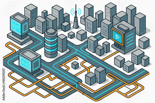 Modern isometric city network concept with connected buildings and tech for digital illustration projects and futuristic designs