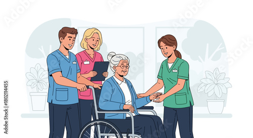 Group healthcare professionals, including nurses and doctor, assist an elderly woman in wheelchair, showing compassionate care and support in medical or nursing home setting
