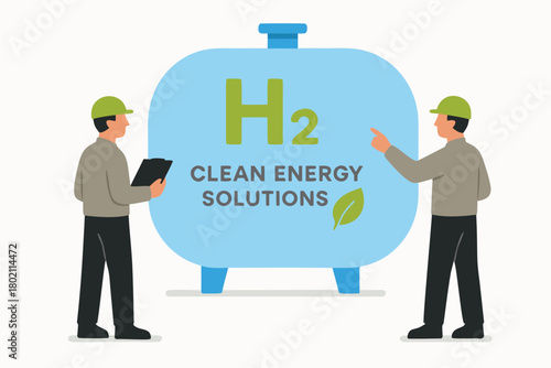 Engineers inspecting sustainable hydrogen energy tank for clean power solutions and a greener future in modern industry