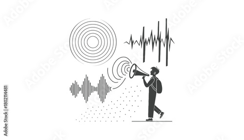 Person with megaphone surrounded by sound waves on a white background