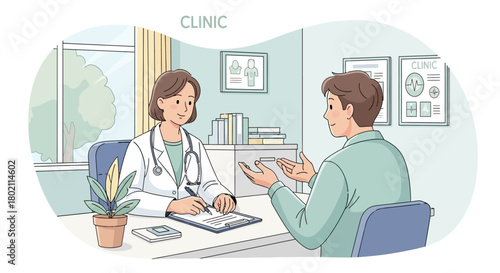 Doctor in coat and stethoscope consulting with male patient in clinic office, discussing medical charts and health concerns, representing healthcare and consultation