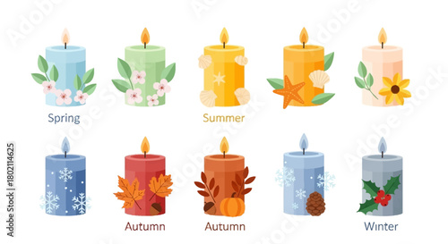 Set of twelve colorful candles representing the four seasons, with floral and autumnal motifs for spring and fall, and snowflakes and berries for winter and summer