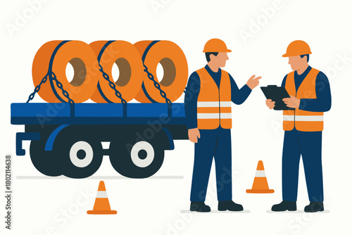 Professional workers inspecting metal coils on trailer ready for transport at an industrial site for manufacturing and construction