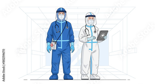 Two medical professionals in full protective suits, one holding tablet and the other stethoscope, standing in hospital corridor, representing healthcare workers during pandemic