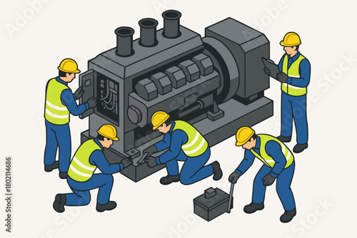 Team of engineers repairing industrial machine, perfect for construction, manufacturing safety and teamwork promotions