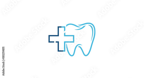 Stylized outline tooth with blue cross symbol, representing dental health, oral care, and dental clinic or practice