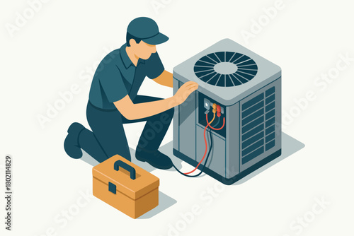 HVAC technician repairing air conditioner system for home, professional AC maintenance service for healthy indoor air flow