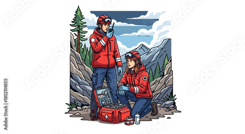 Two rescue workers in red jackets and helmets with communication devices and medical kit in mountainous forest landscape, depicting search and rescue operations