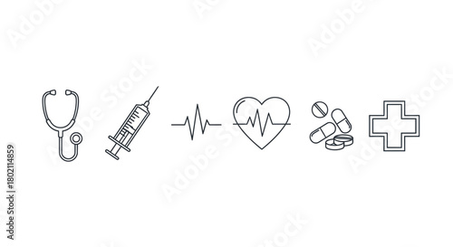 Collection medical icons including stethoscope, syringe, heartbeat line, heart with ekg, pills, and medical cross, isolated on