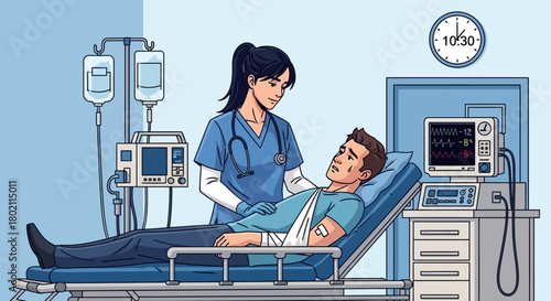 Nurse attends to male patient lying in hospital bed, with medical equipment like an iv drip and monitor, depicting patient care and recovery