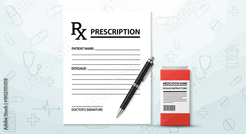 Medical prescription form with pen and medicine bottle, symbolizing healthcare and treatment, with subtle stethoscope pattern