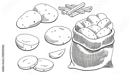 Illustration of potatoes in a bag and cut into fries and slices form