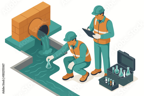 Environmental engineers testing water quality flowing from drainage pipe, ensuring safety and compliance for pollution control efforts