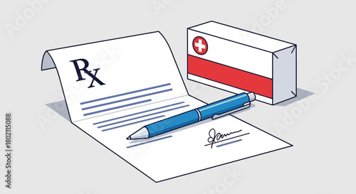 Medical prescription form with pen and box medicine, representing healthcare and treatment