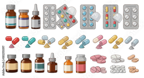 Collection various pharmaceutical products including pills, capsules, tablets, and bottles, representing medication and healthcare supplies