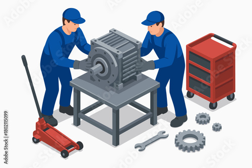 Expert mechanics repairing industrial machine with precision tools in workshop, focused teamwork for efficient maintenance