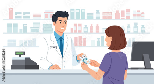 Pharmacist handing prescription to customer at the counter in modern pharmacy with shelves full medicine in the