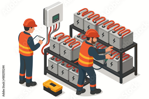 Solar panel system installation by technicians ensuring efficient energy storage in modern facility for sustainable power solution