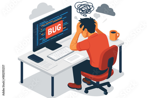 Frustrated programmer struggling with software bug on computer creates stress and anxiety in a modern workspace environment