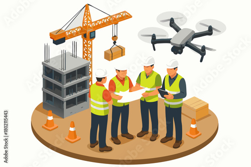 Modern construction team planning with drone oversight at building site creates a dynamic and innovative approach to development work